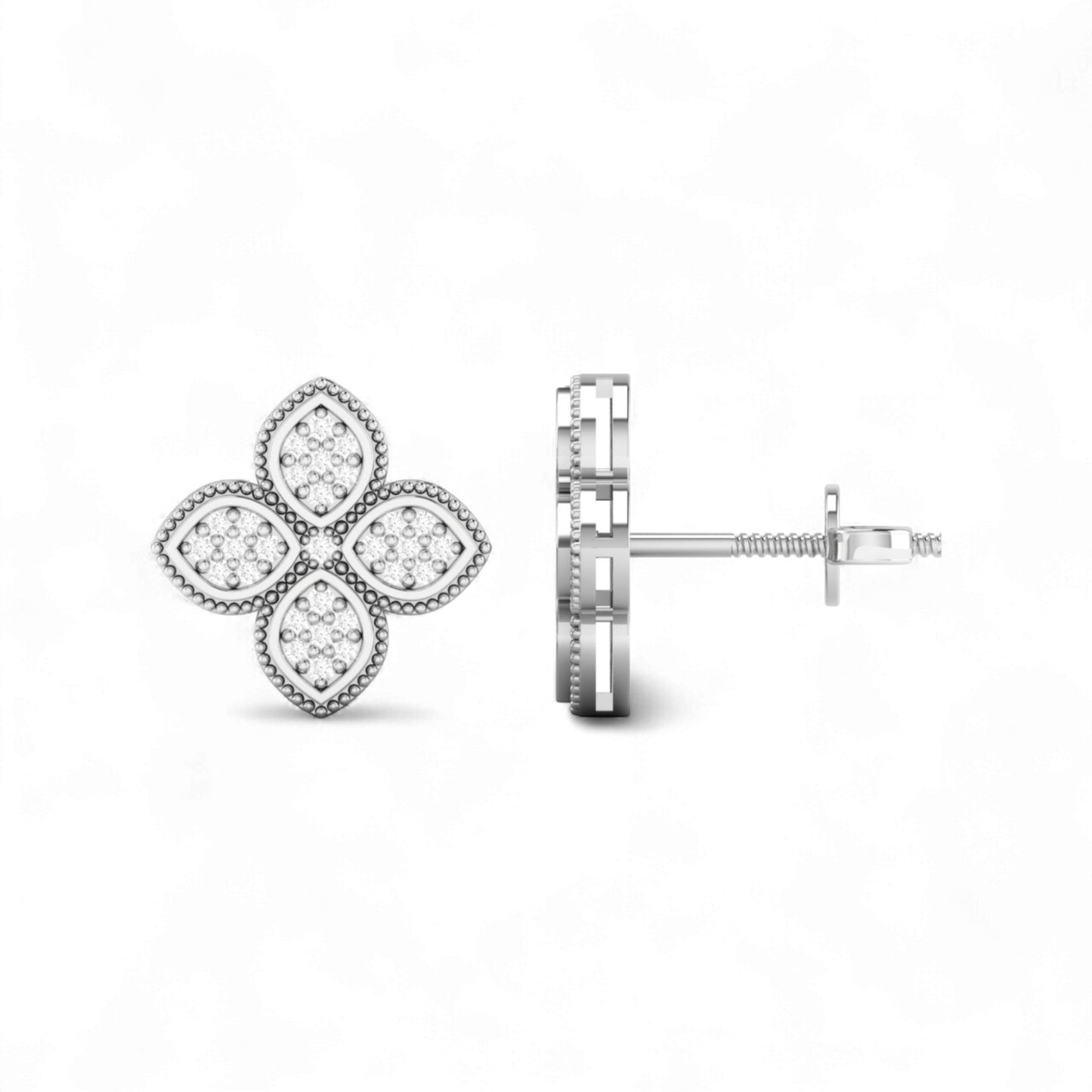 Silver earrings with floral design on a white background