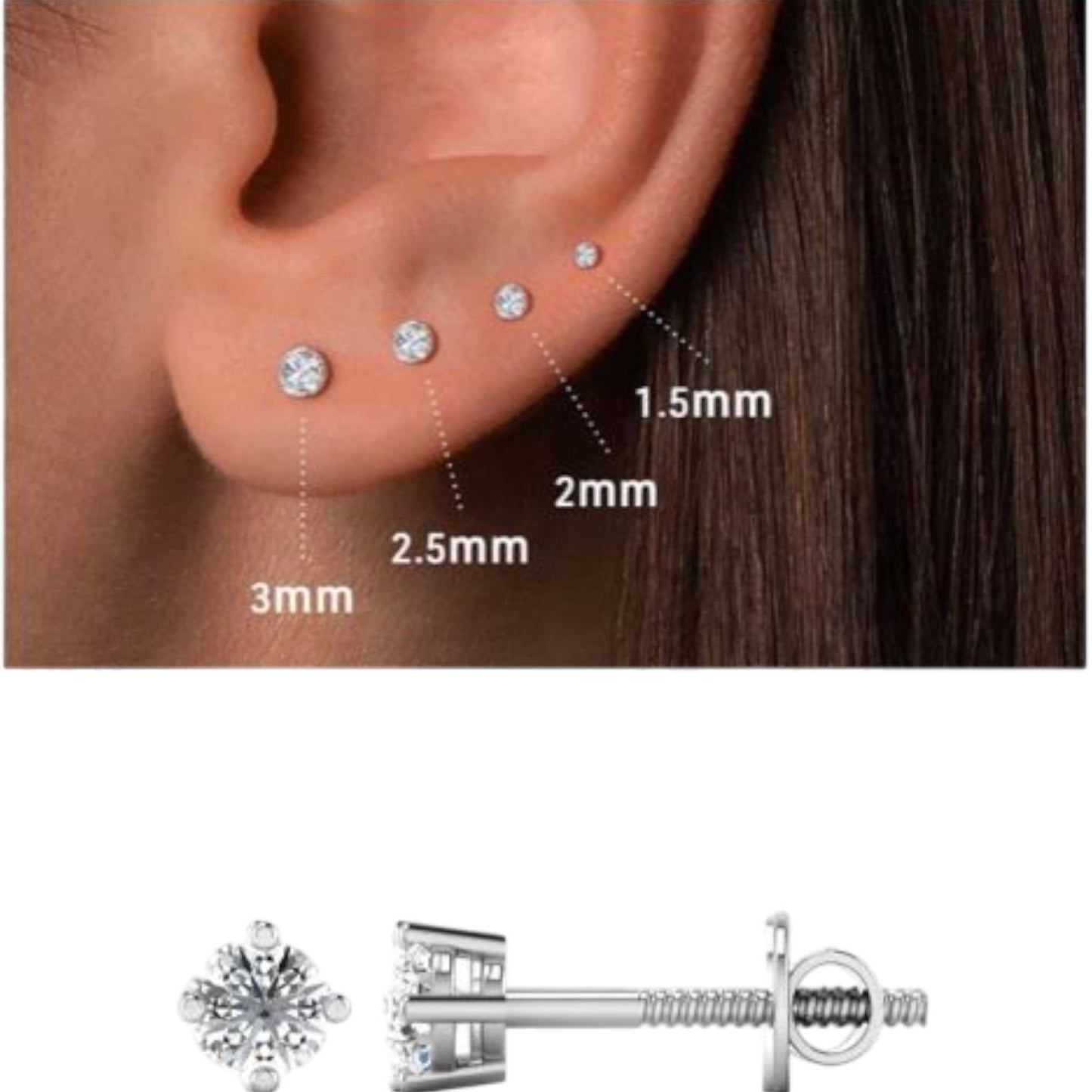 Earring displayed on an ear with size measurements and a close-up of the earring below.