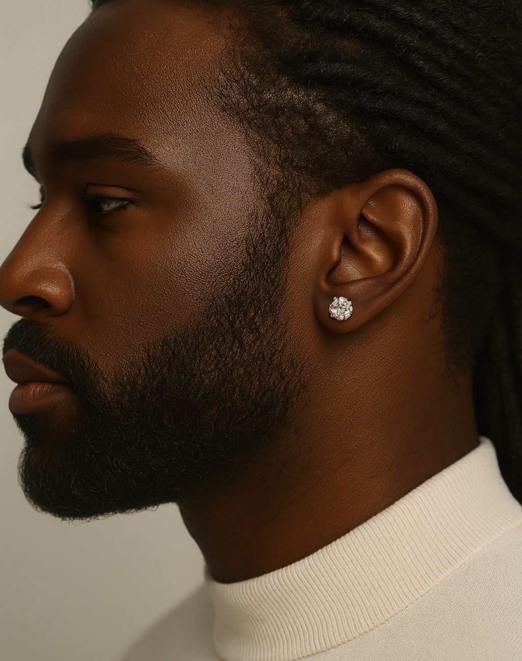Man wearing a diamond earring against a neutral background