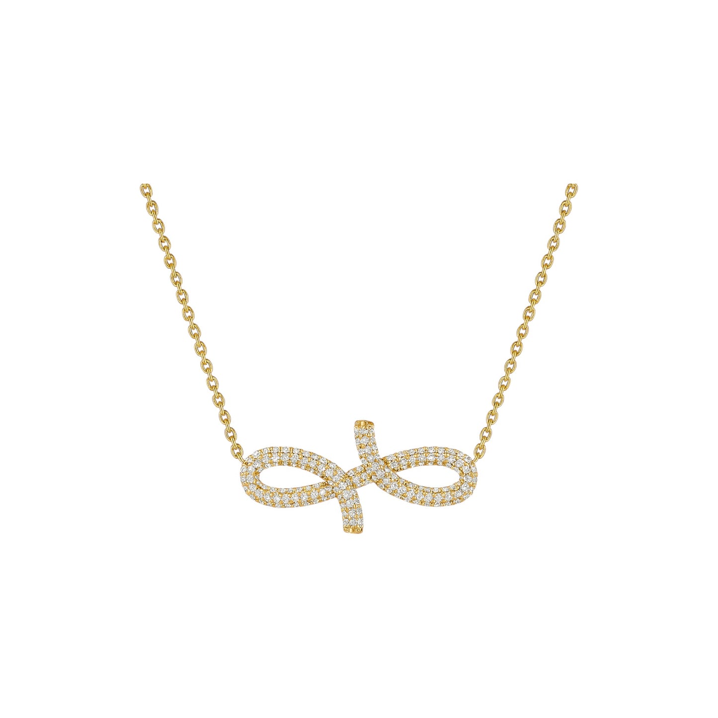 Gold bow-shaped pendant necklace on a white background
