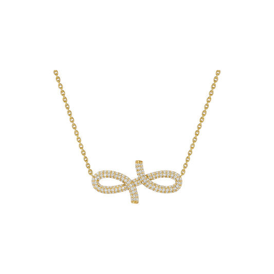 Gold bow-shaped pendant necklace on a white background