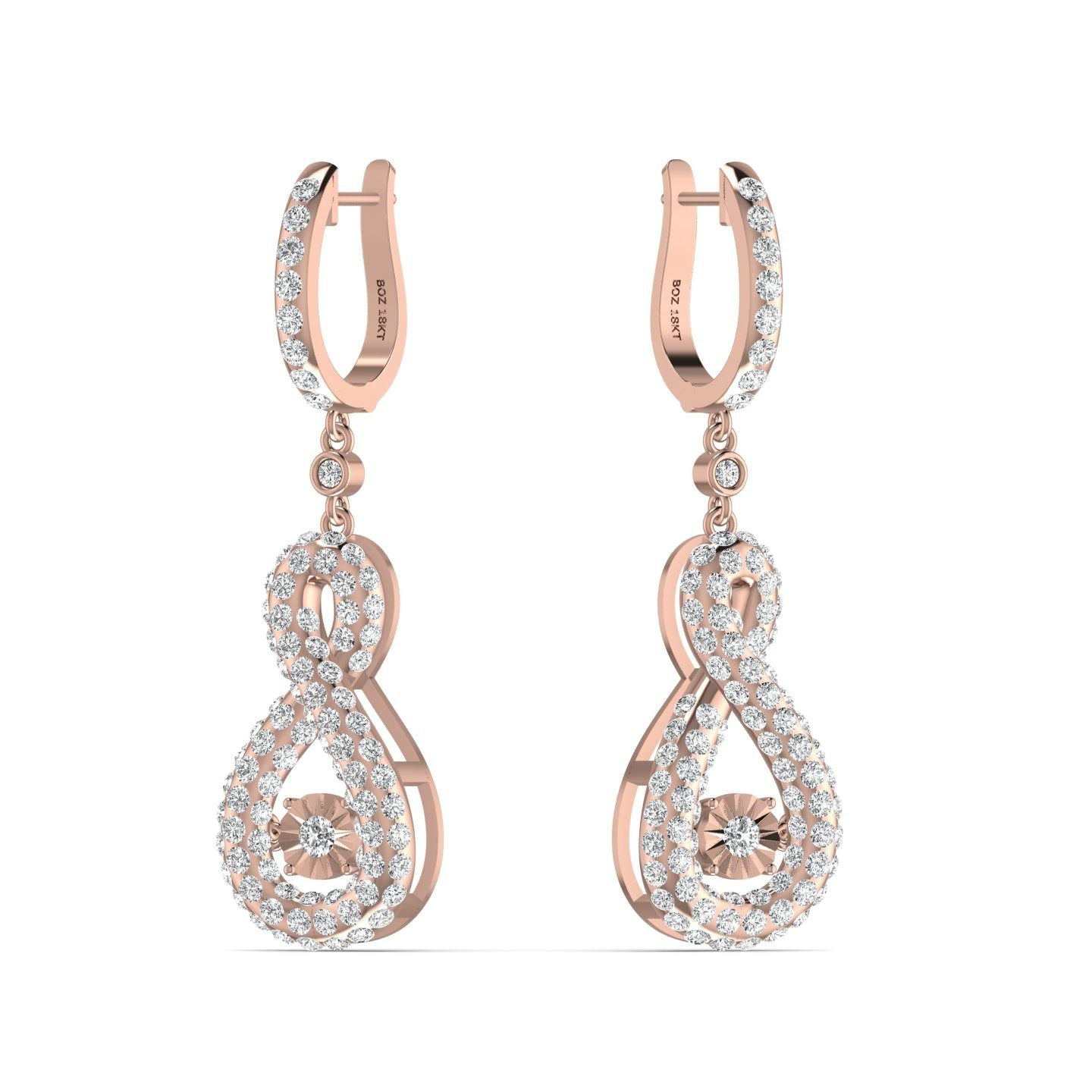 A pair of 18 karat gold-colored hoop earrings with twinkle-style pave inlays and infinity drop designs, adorned with natural diamonds.