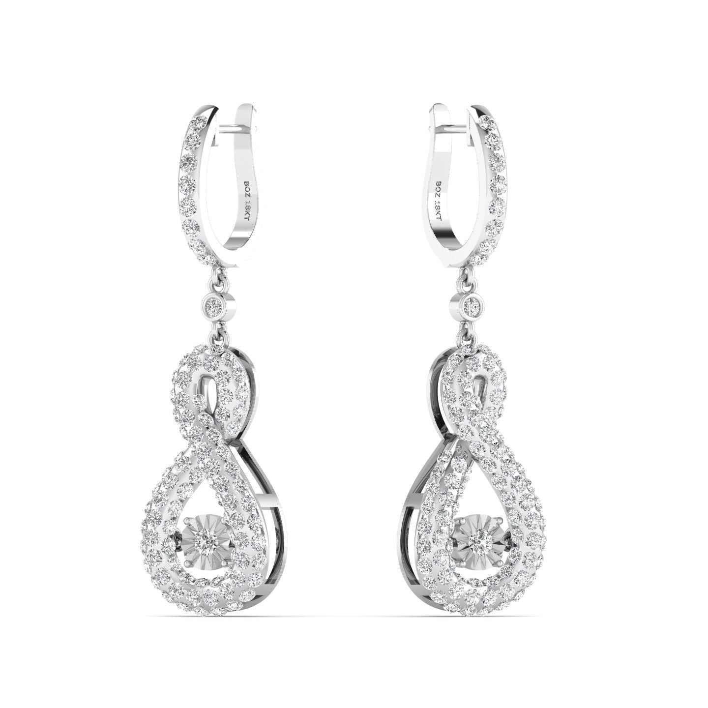 A pair of 18 karat gold-colored hoop earrings with twinkle-style pave inlays and infinity drop designs, adorned with natural diamonds.