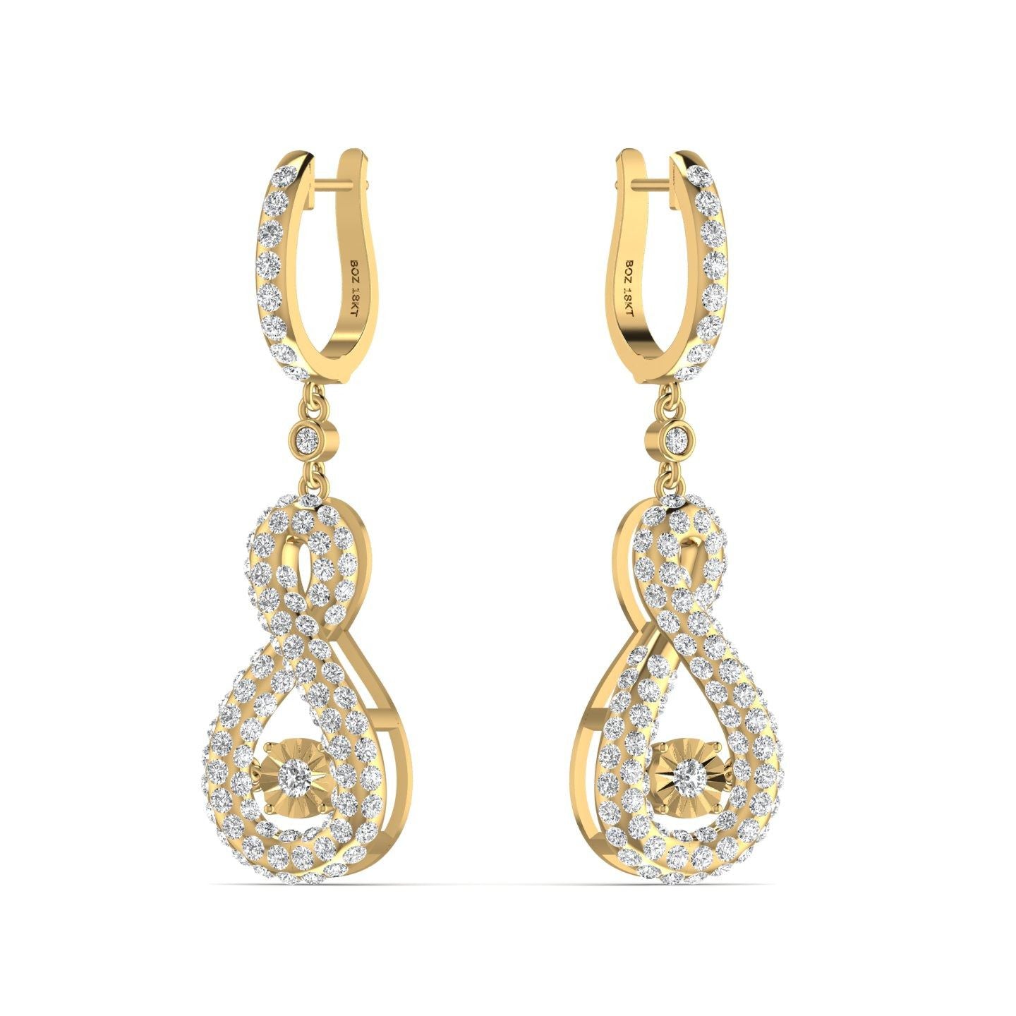 A pair of 18 karat gold-colored hoop earrings with twinkle-style pave inlays and infinity drop designs, adorned with natural diamonds.