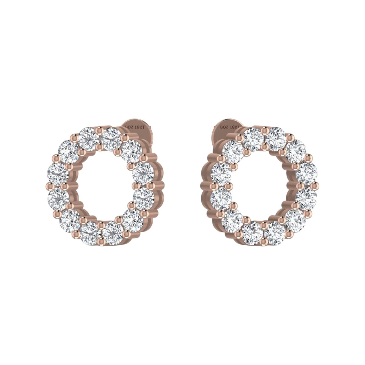 Rose gold hoop earrings with clear gemstones on a white background