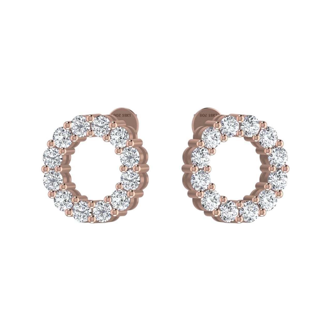 Rose gold hoop earrings with clear gemstones on a white background