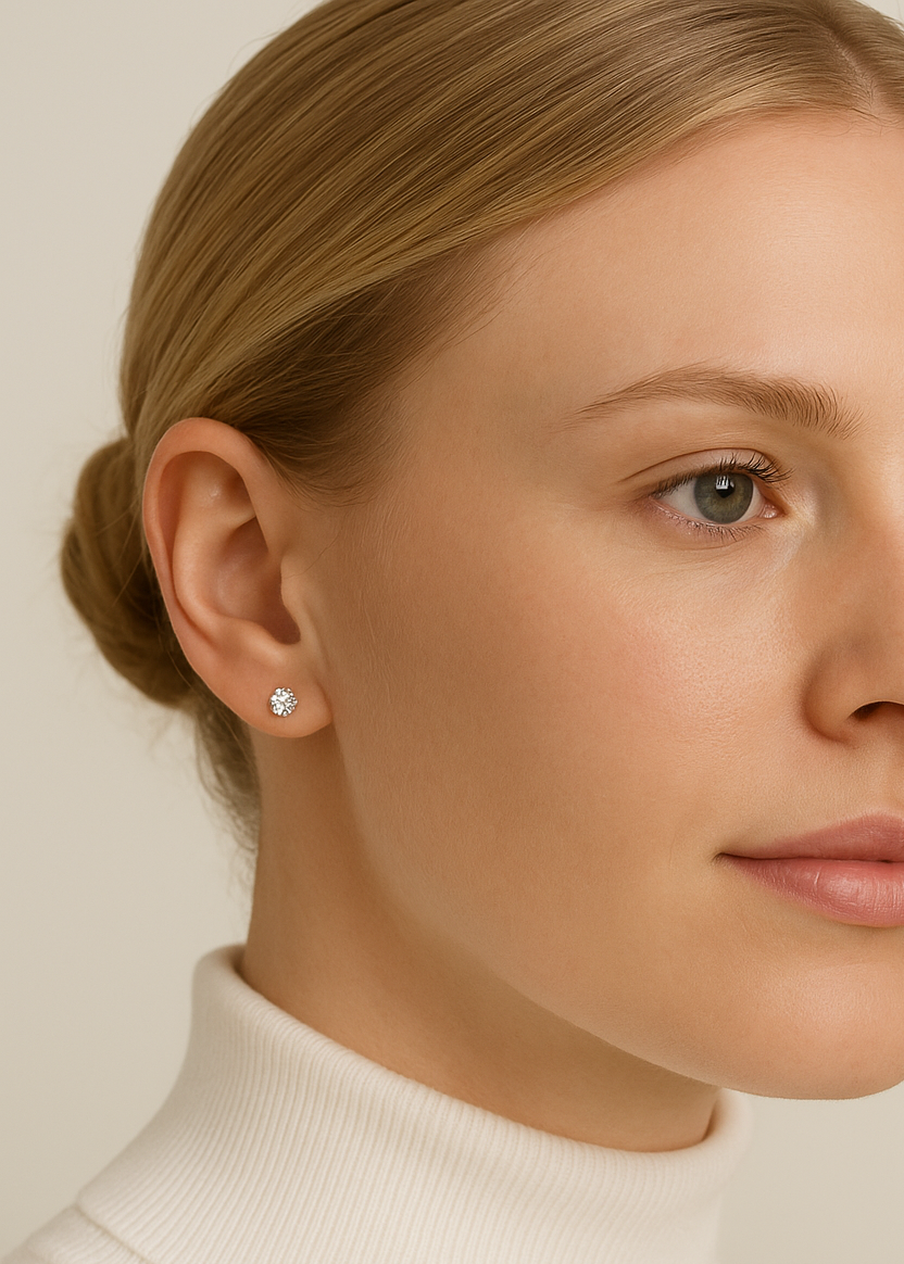Woman wearing a white turtleneck and diamond earrings against a neutral background