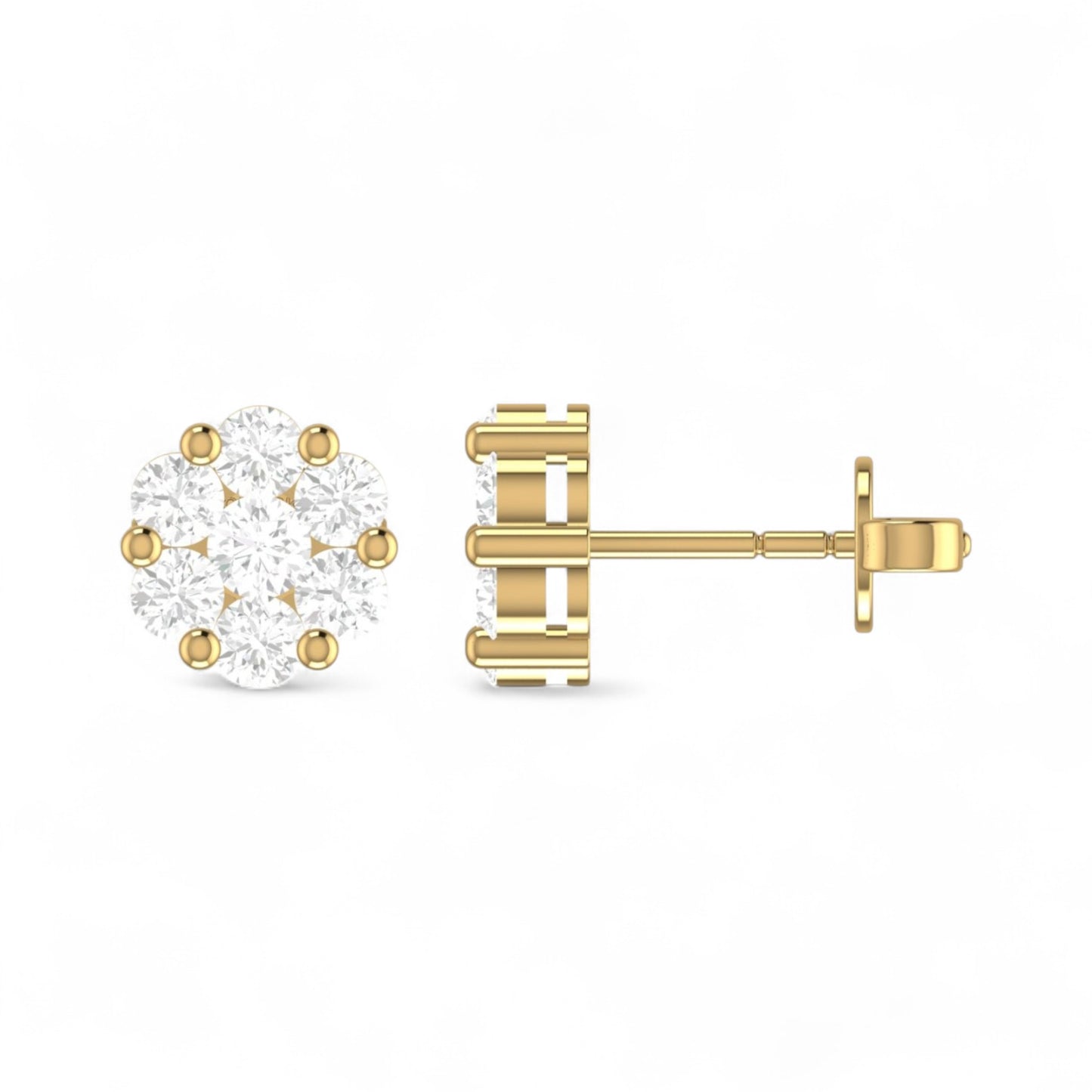 Gold stud earrings with clear gemstones on a white background