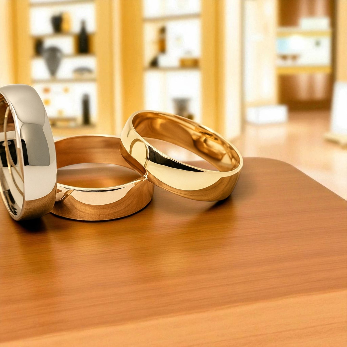 Three metallic bowls in gold, silver, and bronze on a wooden surface with a blurred indoor background.