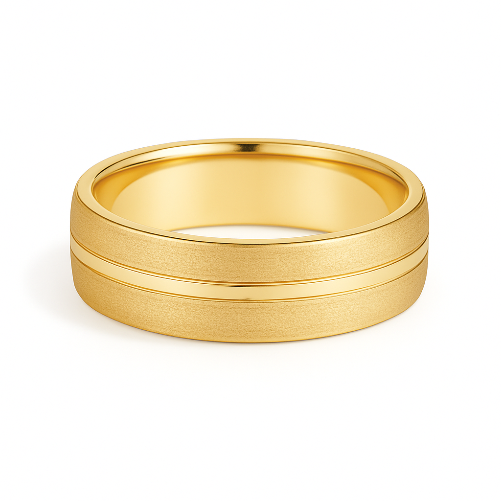 Gold ring with two horizontal bands on a white background