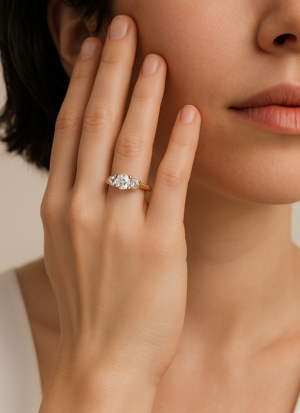 Close-up of a hand wearing a diamond ring with a neutral background