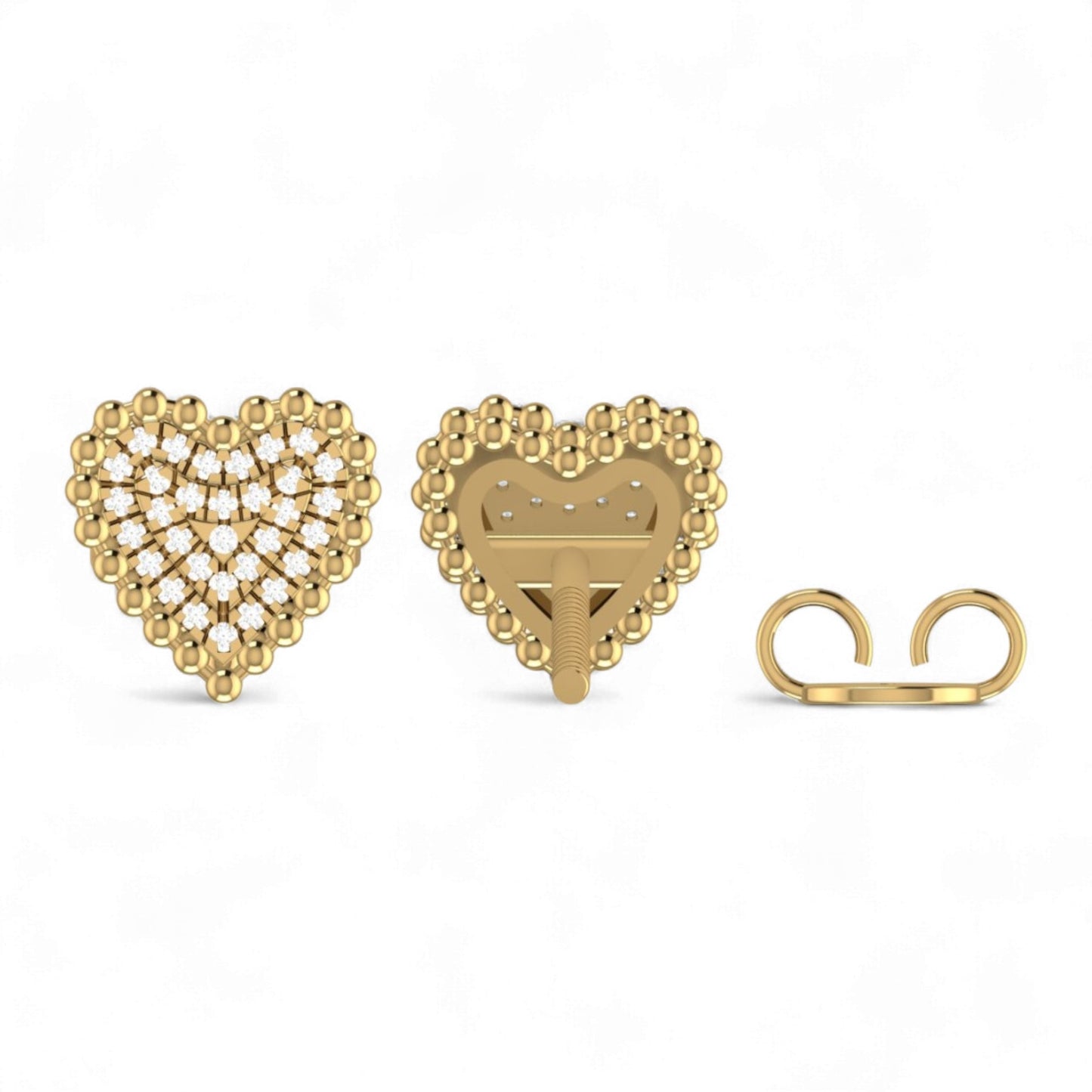 Gold heart-shaped earrings and a matching ring on a white background