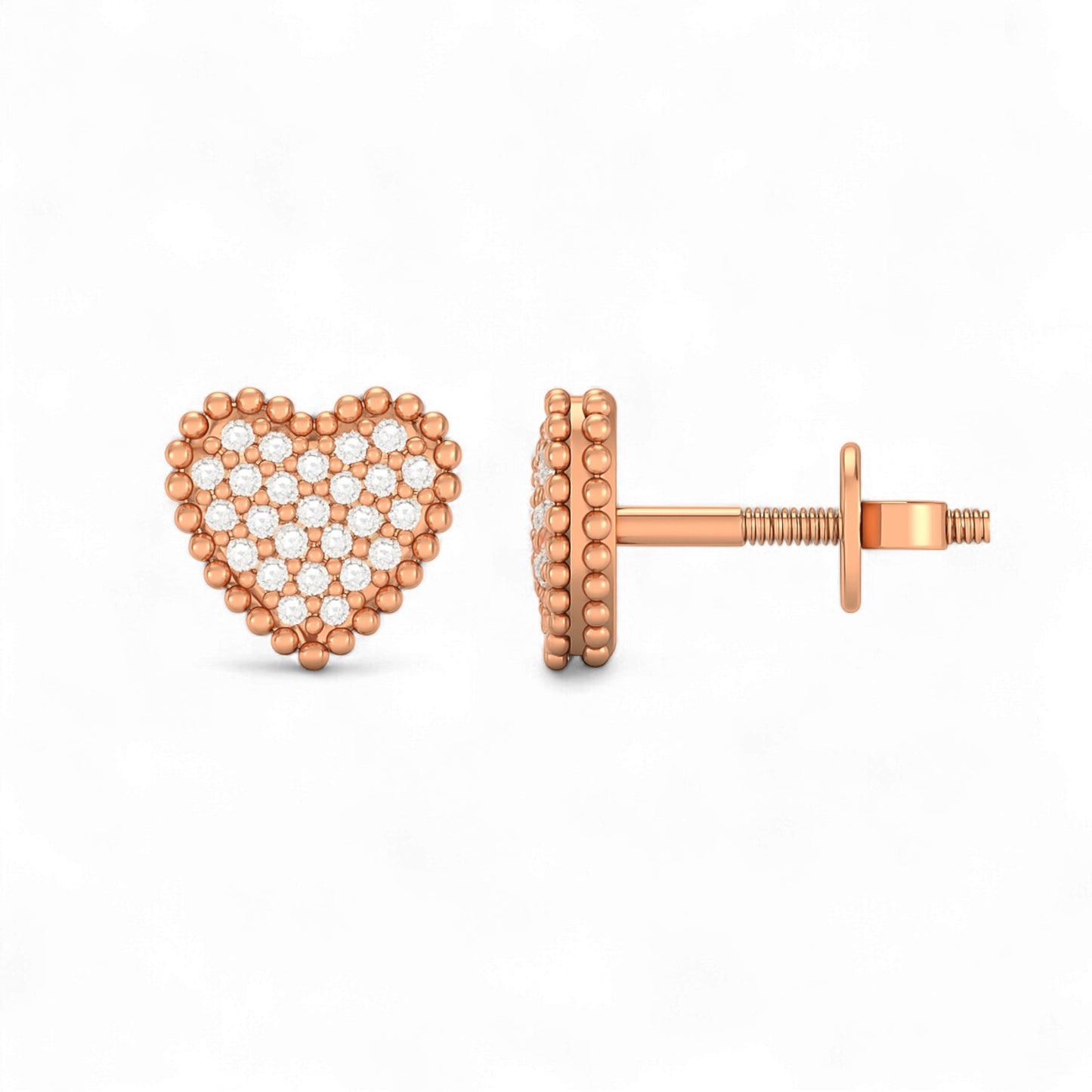 Rose gold heart-shaped earrings with clear gemstones on a white background