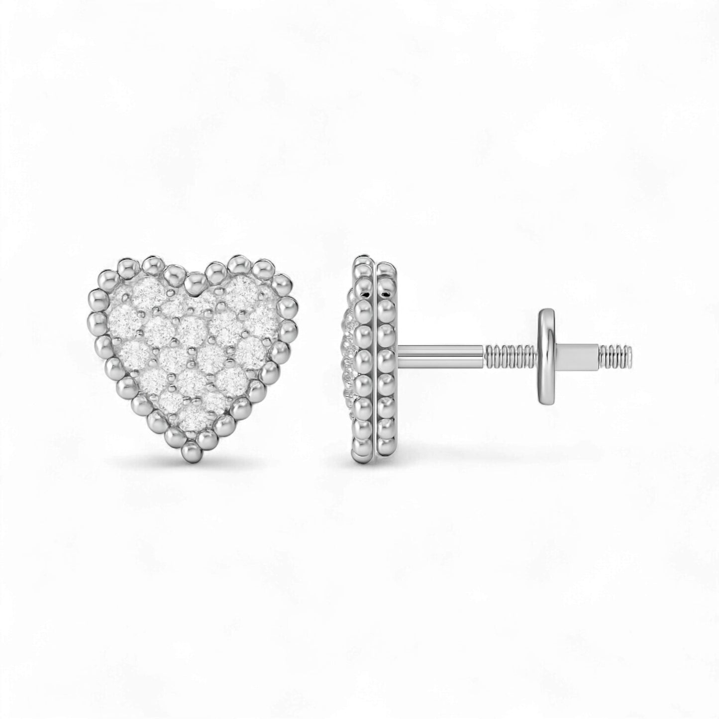 Heart-shaped silver earrings with clear gemstones on a white background
