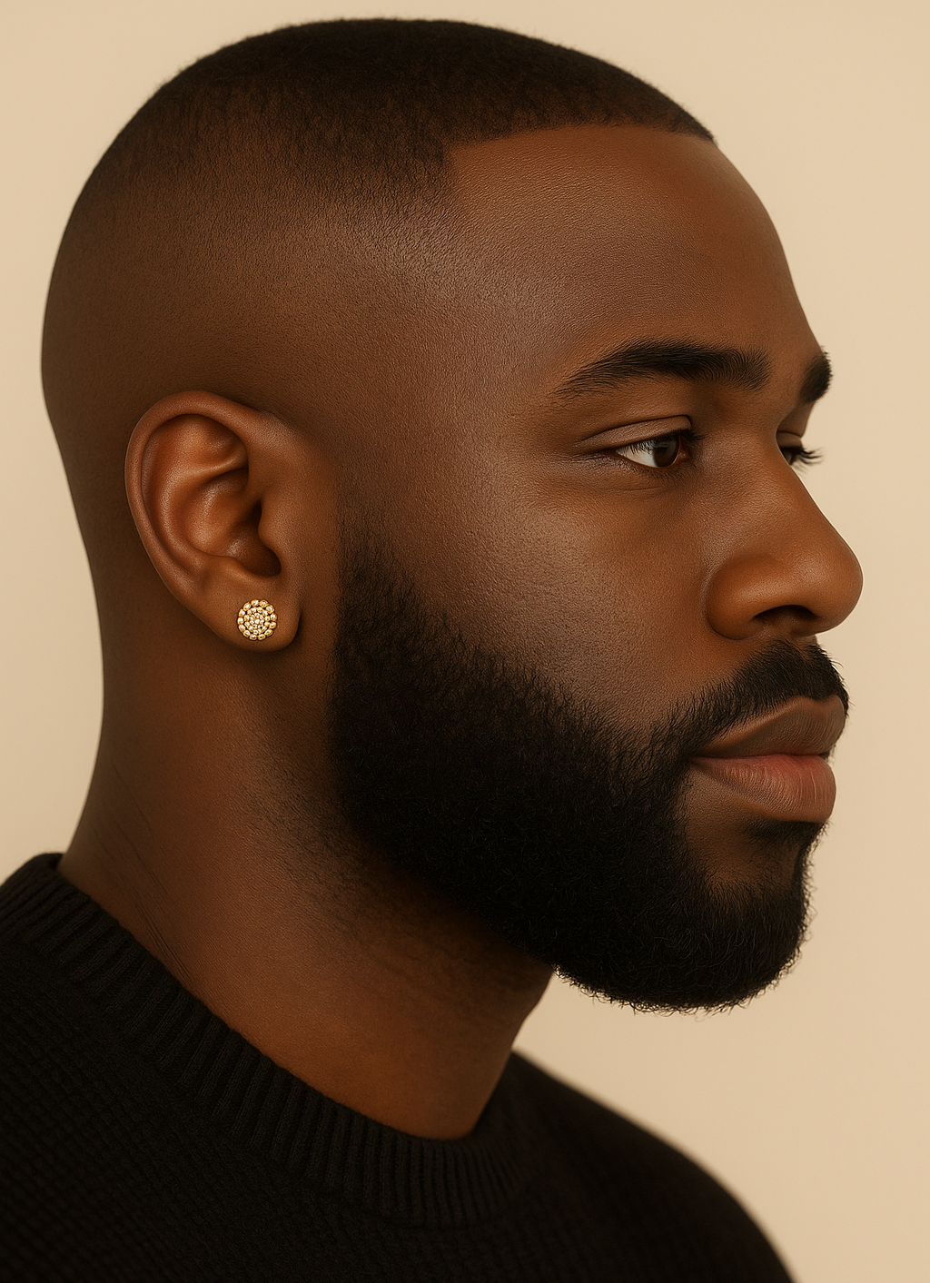 Man wearing a gold earring against a beige background