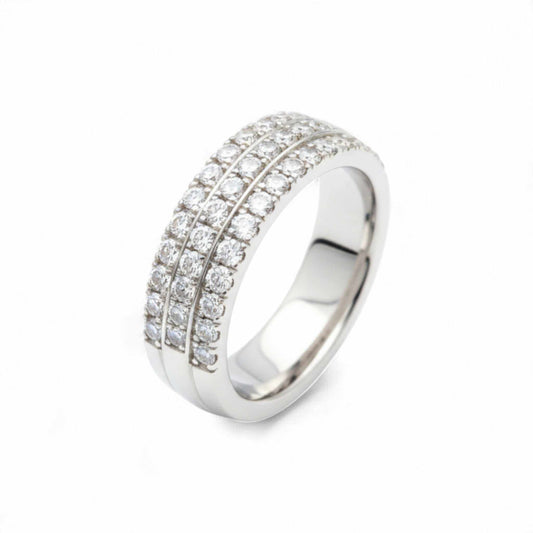 Silver ring with multiple rows of diamonds on a white background