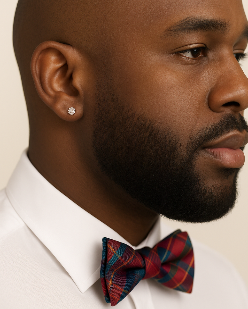 Man wearing a white shirt and red plaid bow tie with a neutral background