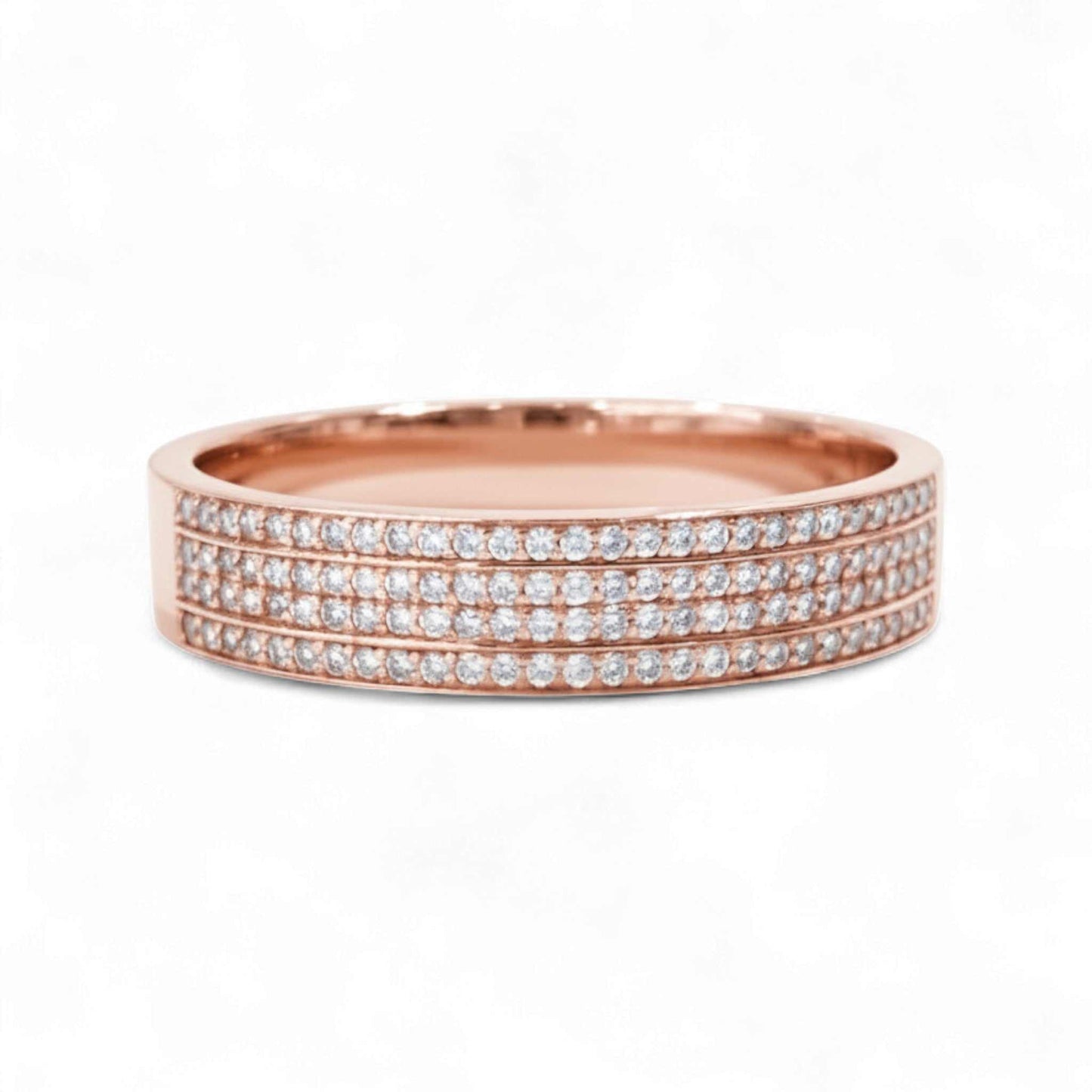 Rose gold ring with multiple rows of diamonds on a white background
