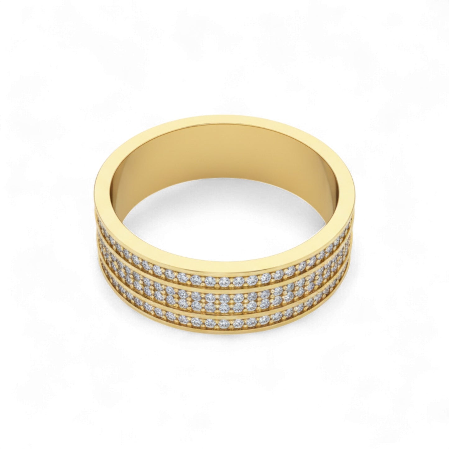 Gold ring with embedded diamonds on a white background