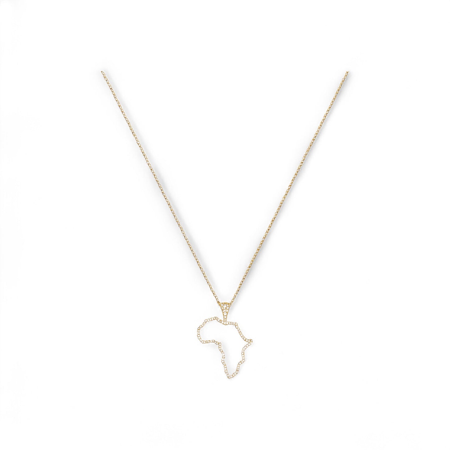 Gold necklace with a pendant shaped like the African continent on a white background