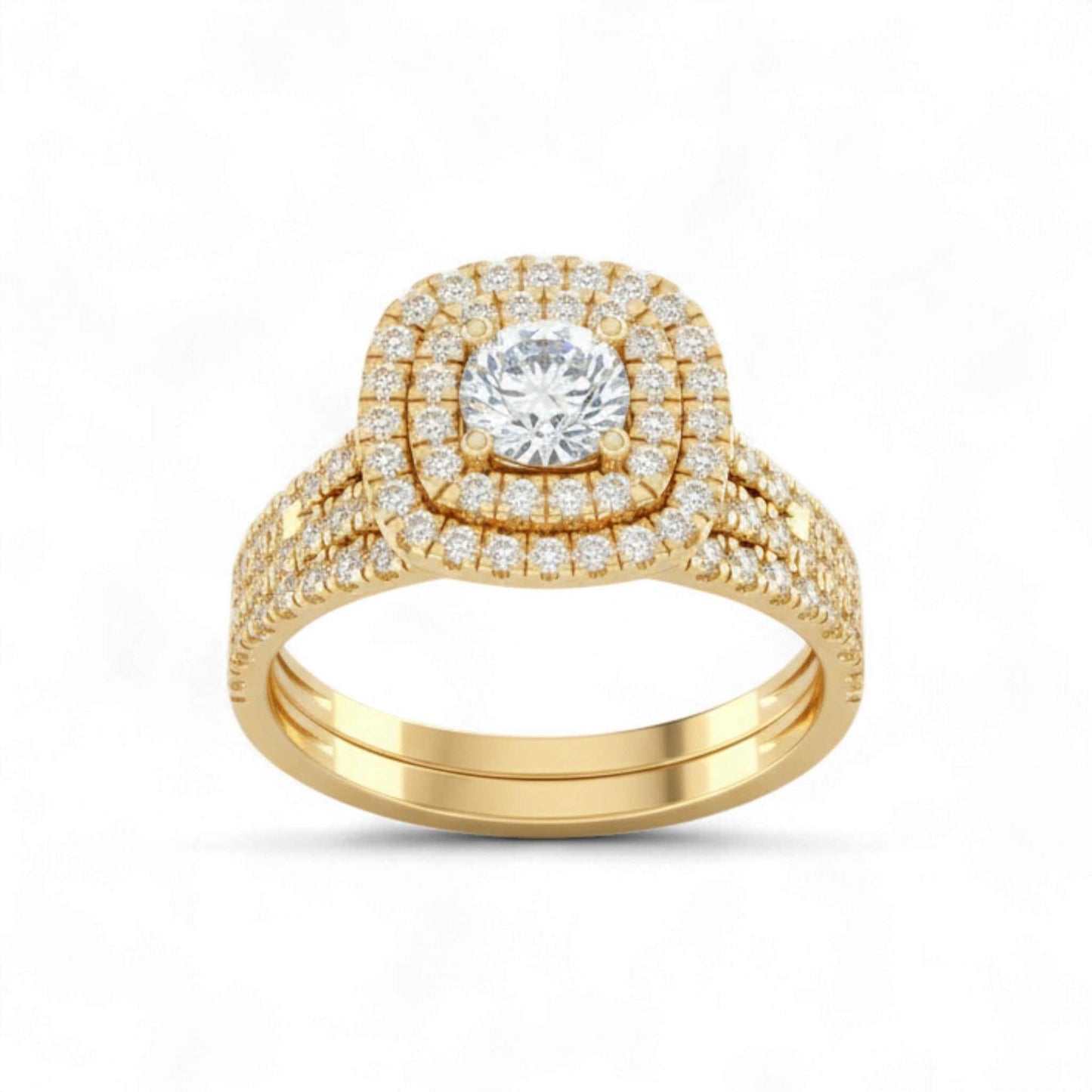 Gold ring with a diamond on a white background