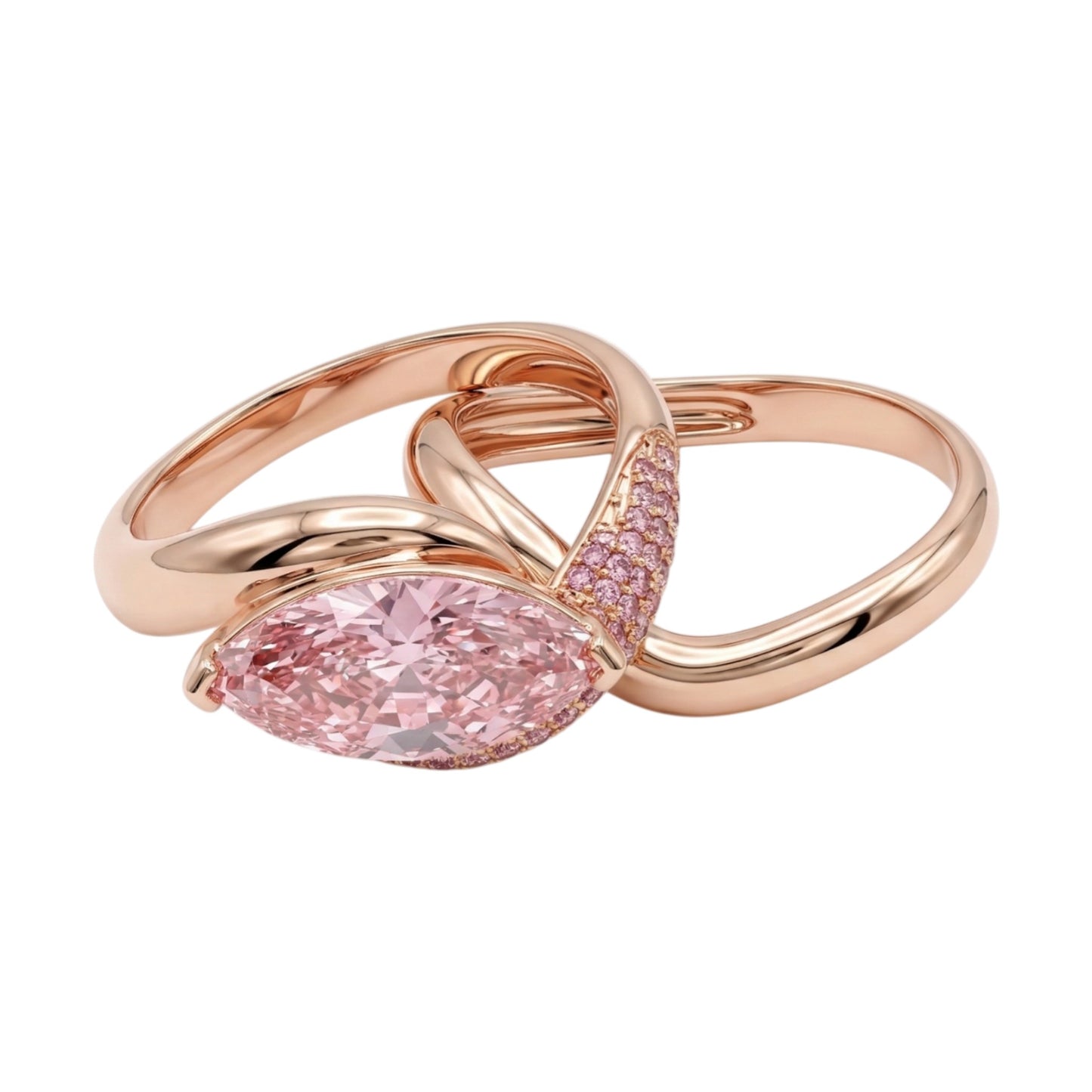 Rose gold ring with a pink gemstone on a white background