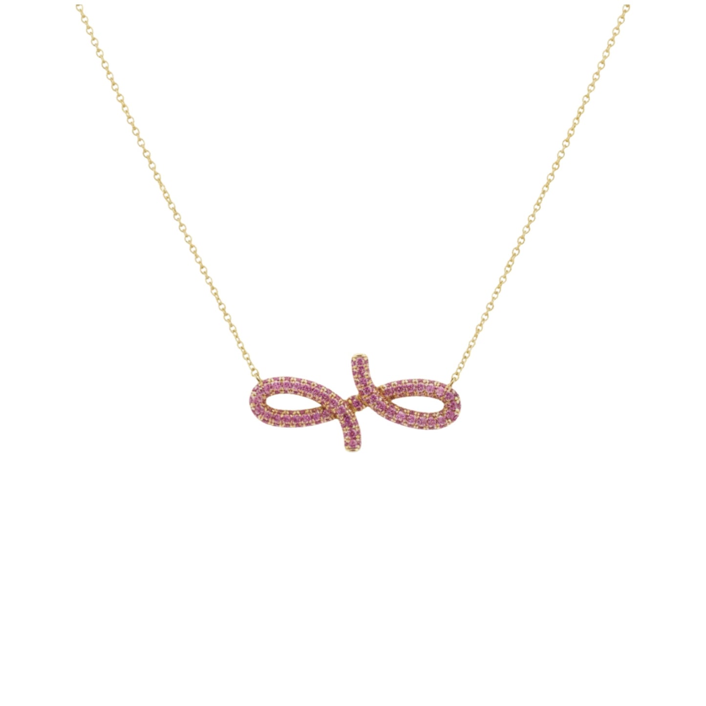 Necklace with a pink bow-shaped pendant on a white background