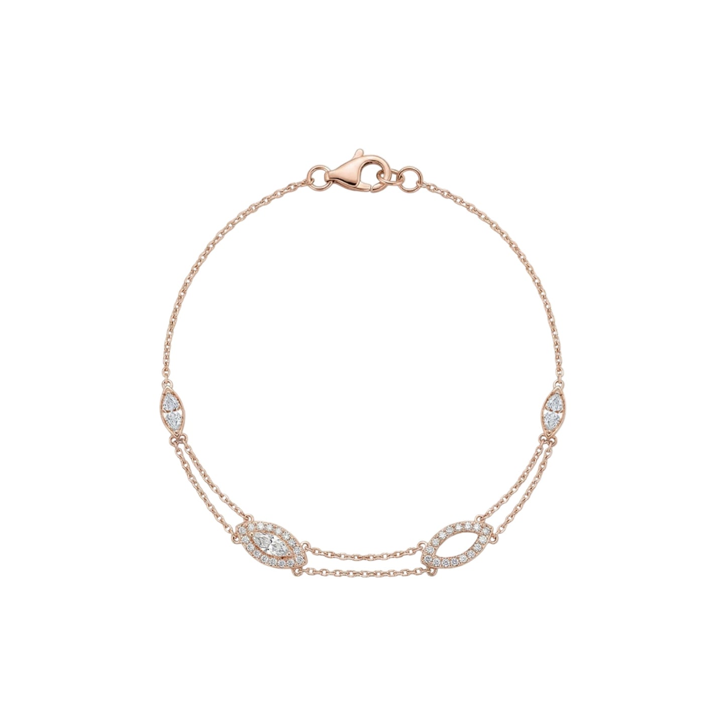 Rose gold bracelet with diamond accents on a white background