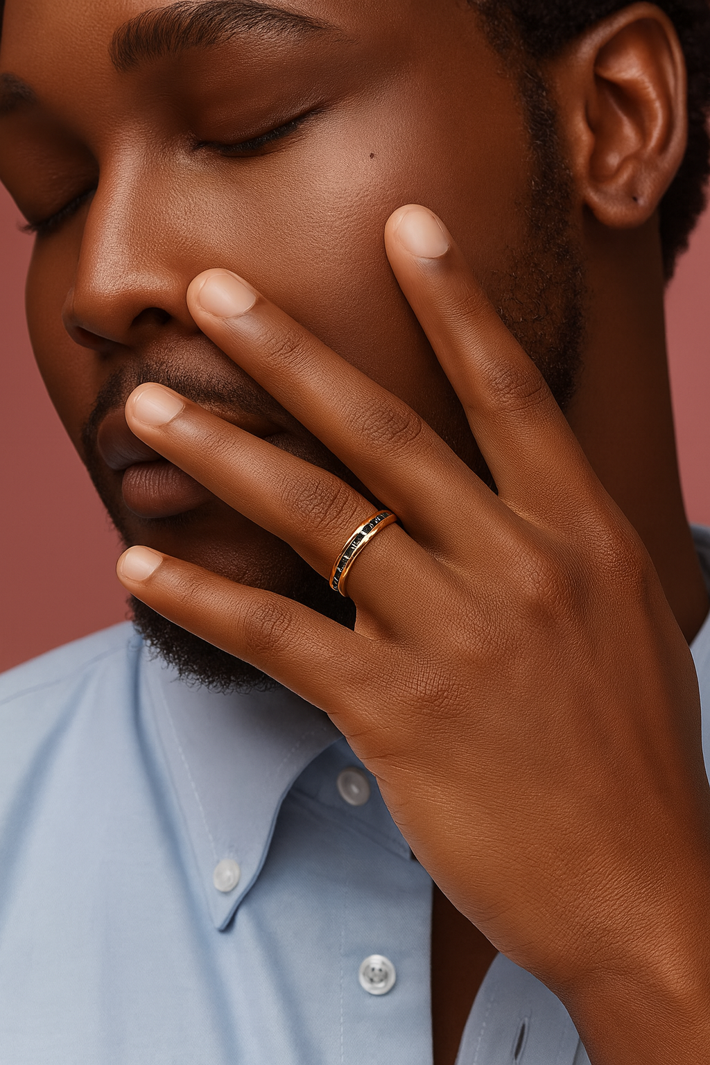 Close-up of a person wearing a gold ring on a pink background
