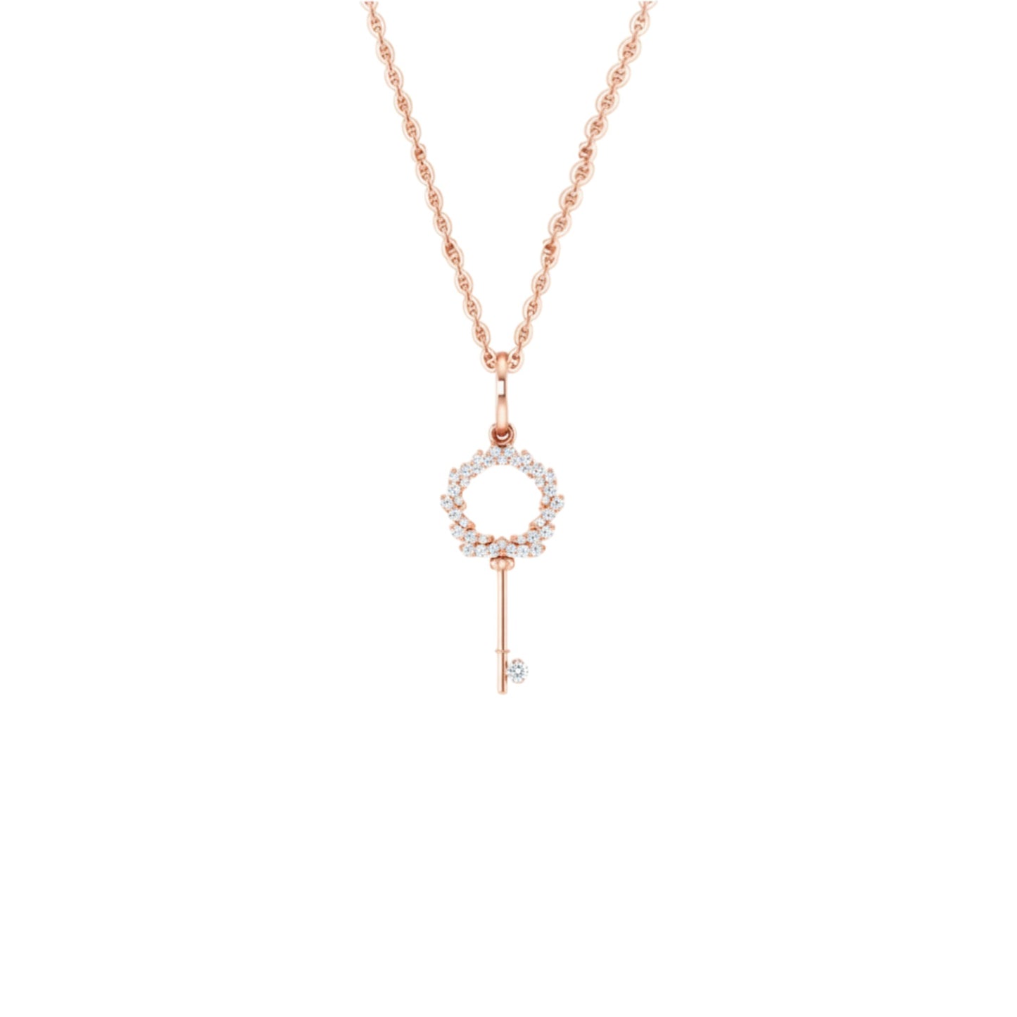 Rose gold necklace with a unique pendant on a white background