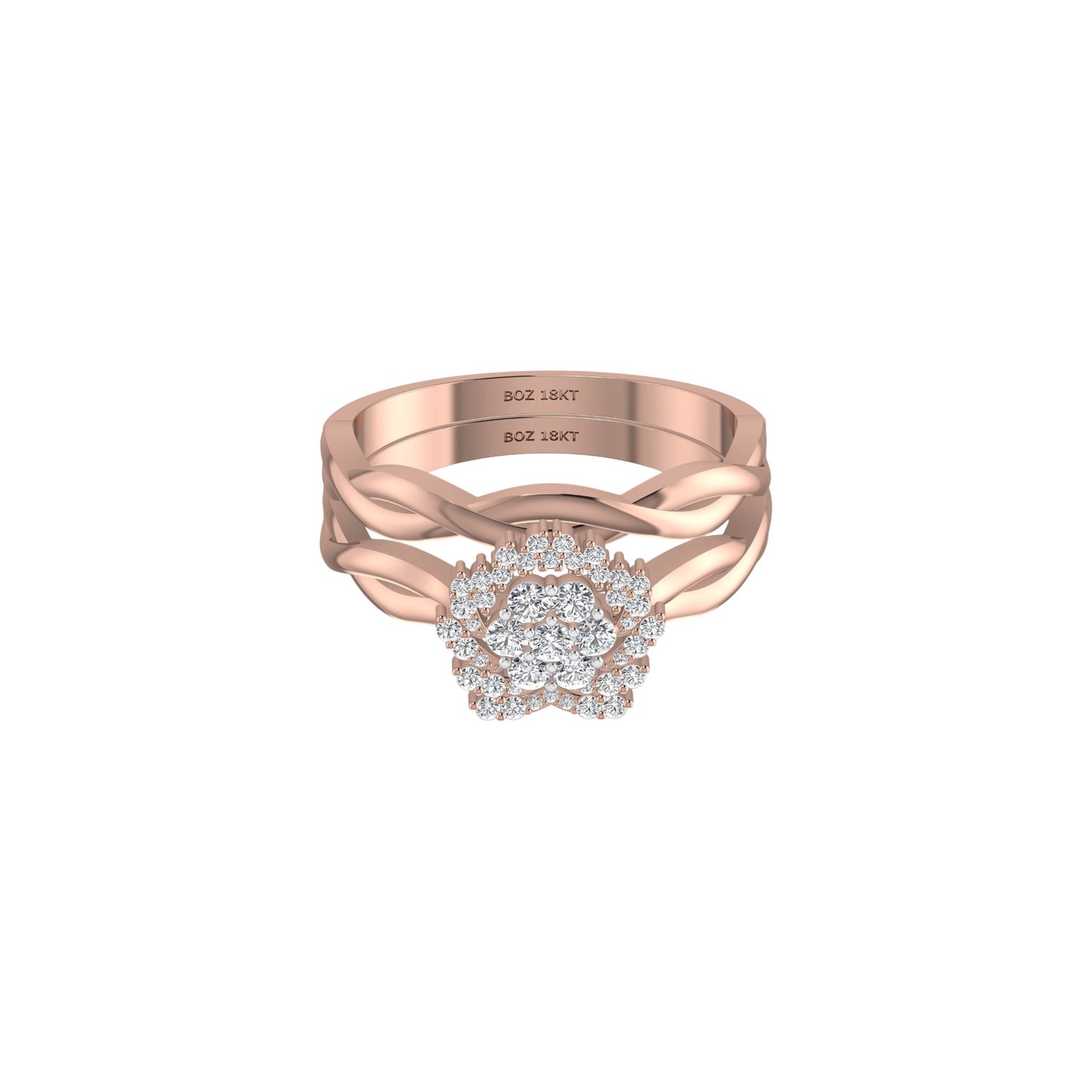 Rose gold ring with diamond cluster on a white background