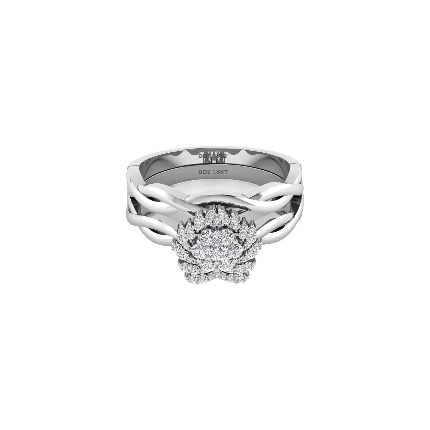 Silver ring with a diamond cluster on a white background