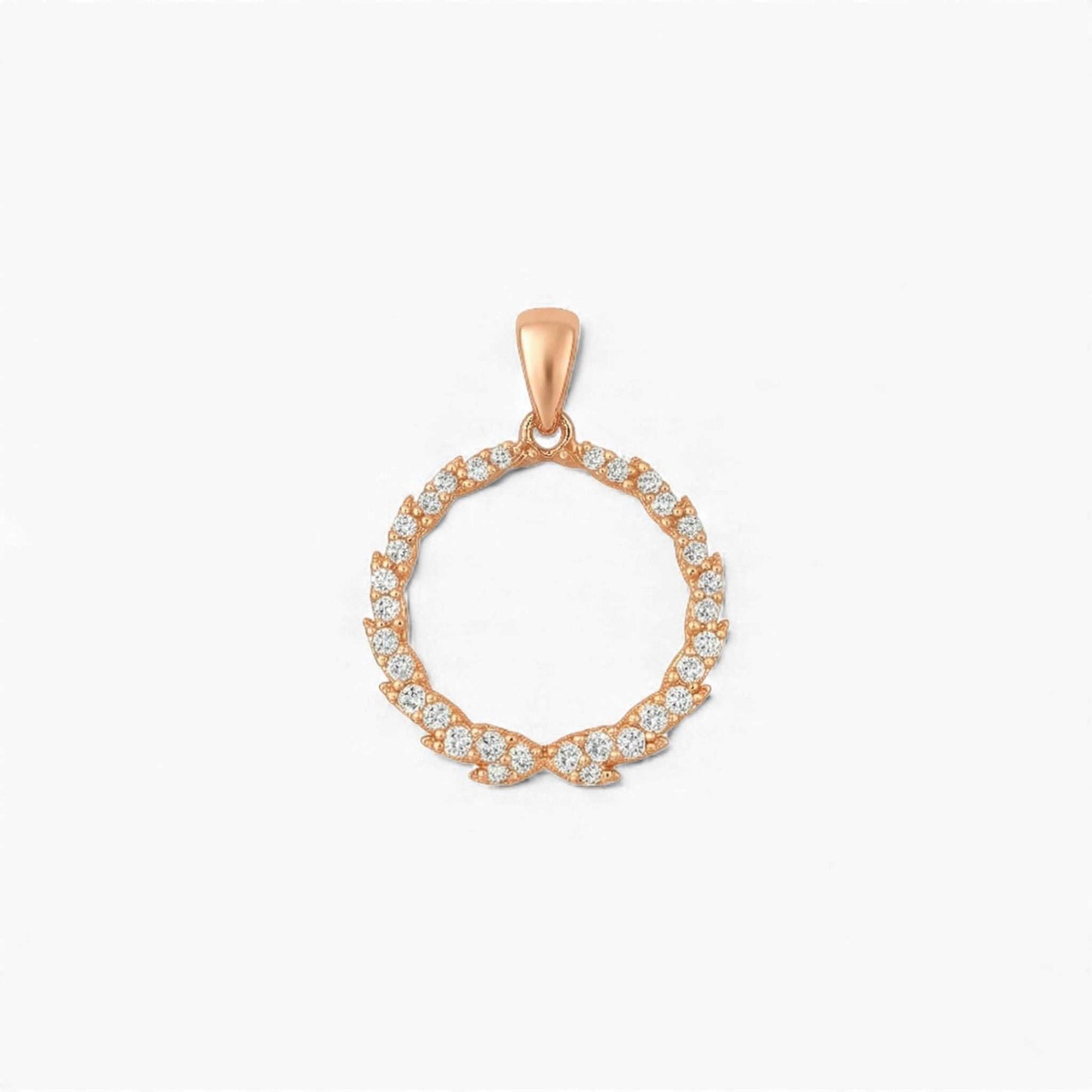 Rose gold pendant with diamond accents on a white background