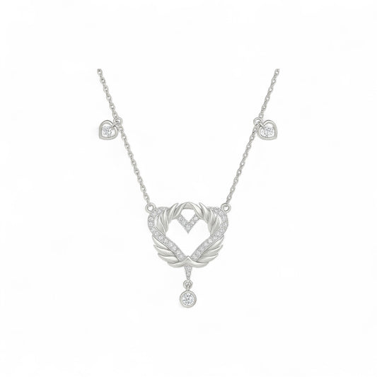 Silver necklace with a heart-shaped pendant on a white background