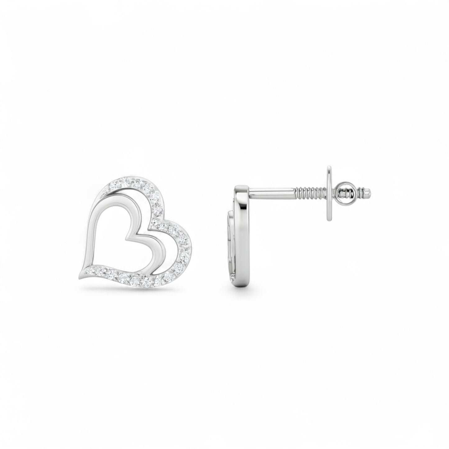 Heart-shaped silver earrings on a white background