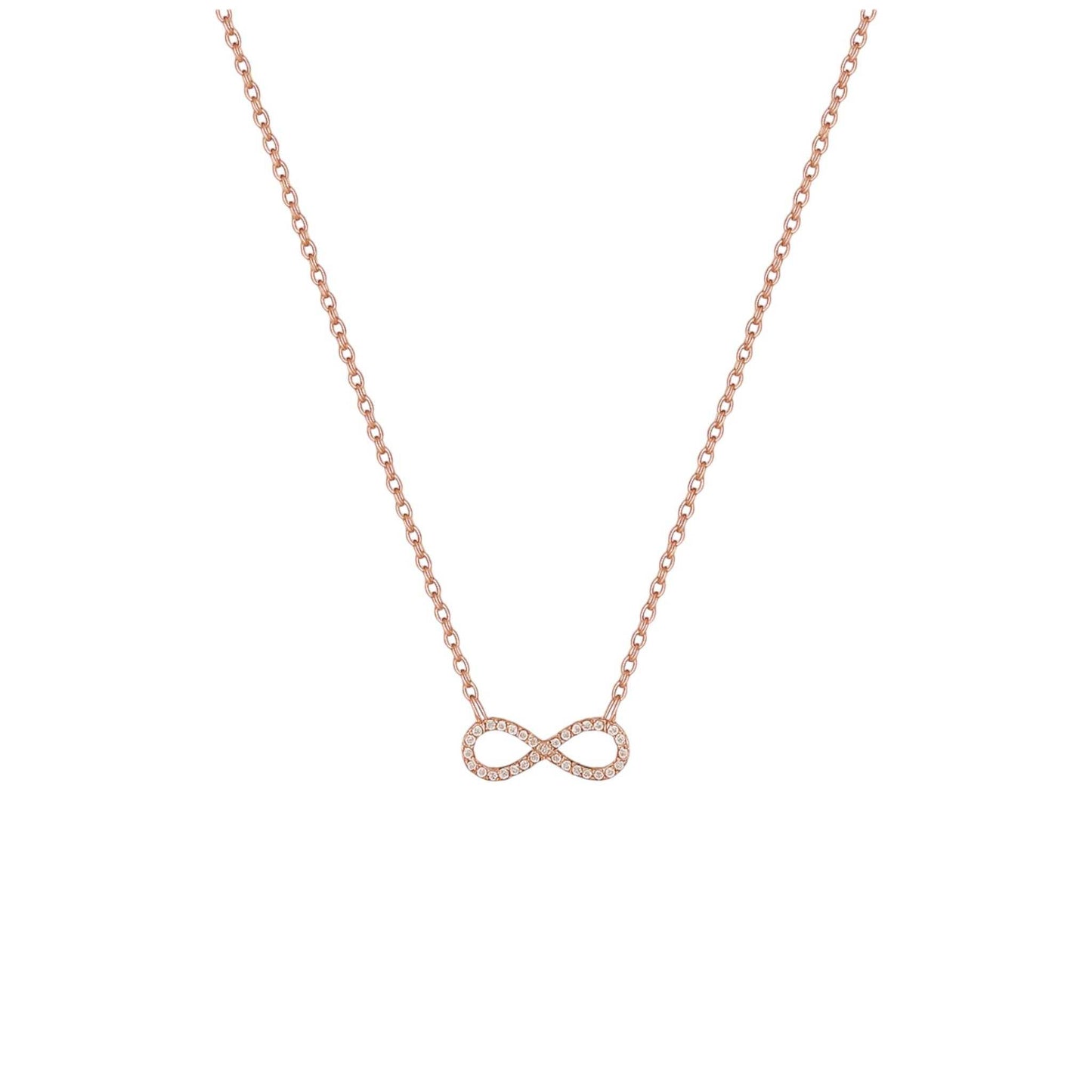 Rose gold infinity necklace on a white background