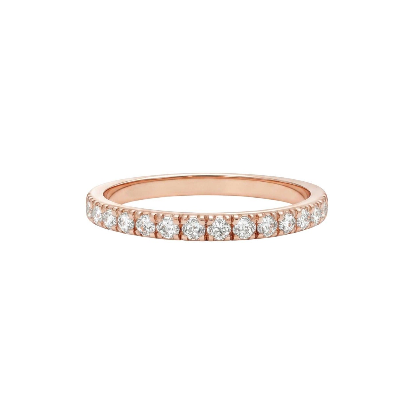 Rose gold ring with diamonds on a white background