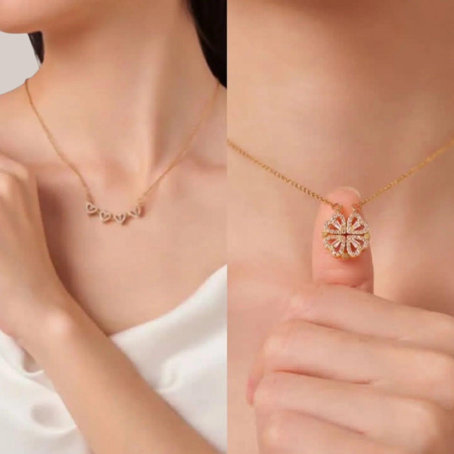 Two gold necklaces, one with a heart design and the other with a floral design, on a neutral background.