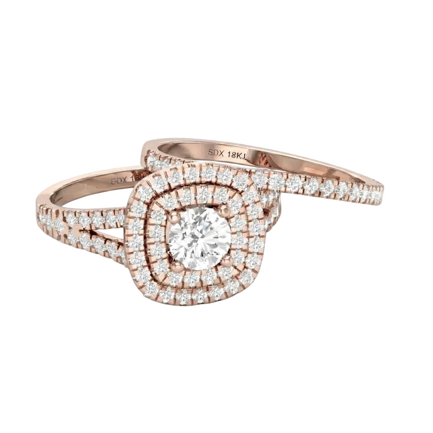 Rose gold ring with diamond accents on a white background