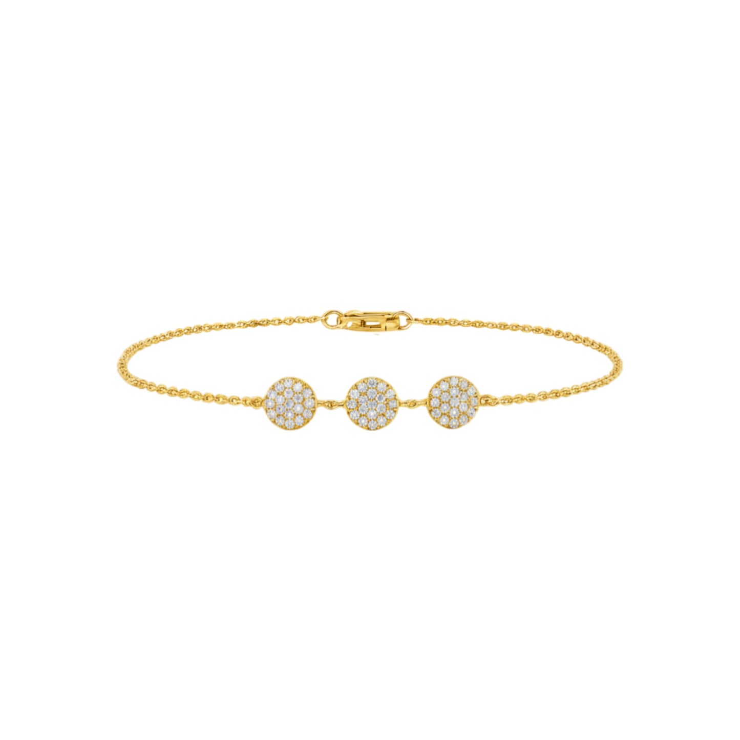 Gold bracelet with three circular diamond-like elements on a white background
