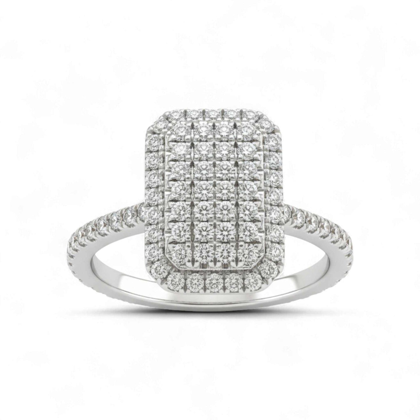 Diamond ring with a square cluster design on a white background