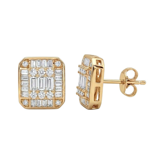 Gold earrings with diamond accents on a white background