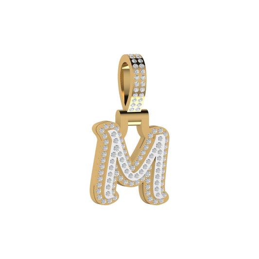 Gold pendant with letter 'M' design on a white background