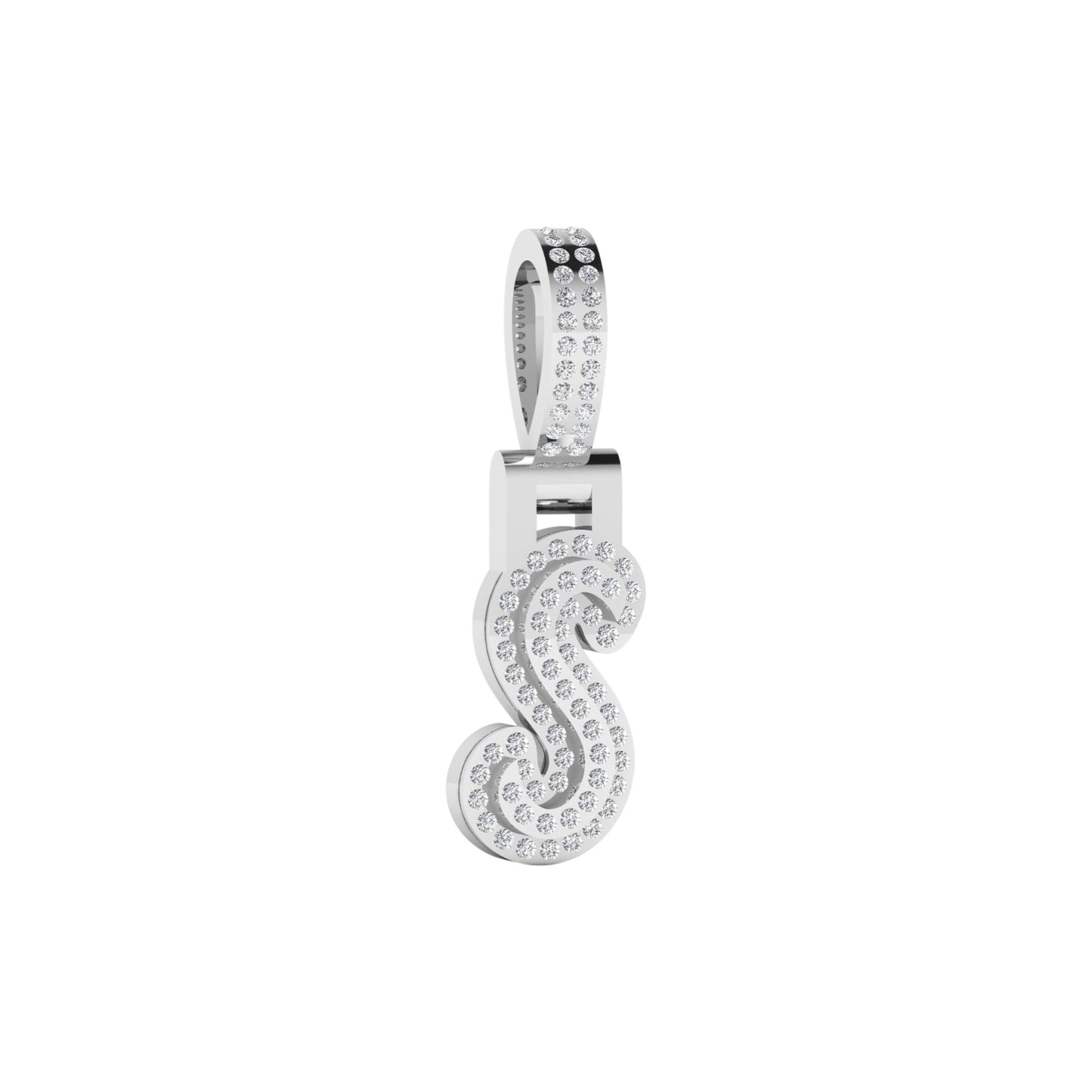 Silver pendant with letter 'S' design on a white background