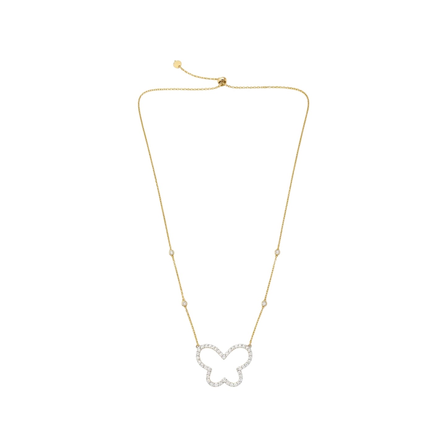 Gold necklace with a butterfly-shaped pendant on a white background