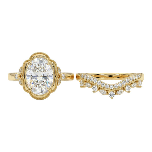 Two gold rings with diamond accents on a white background