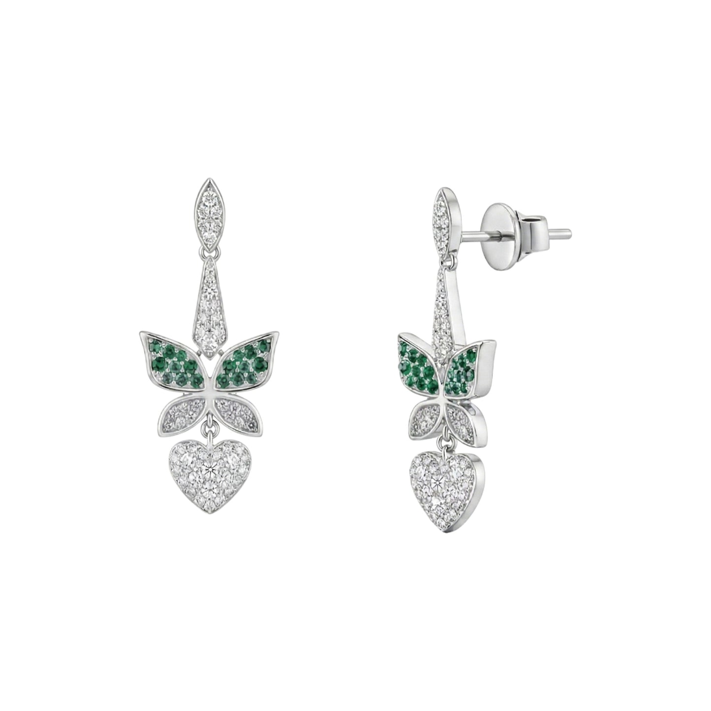 Silver earrings with green gemstones on a white background