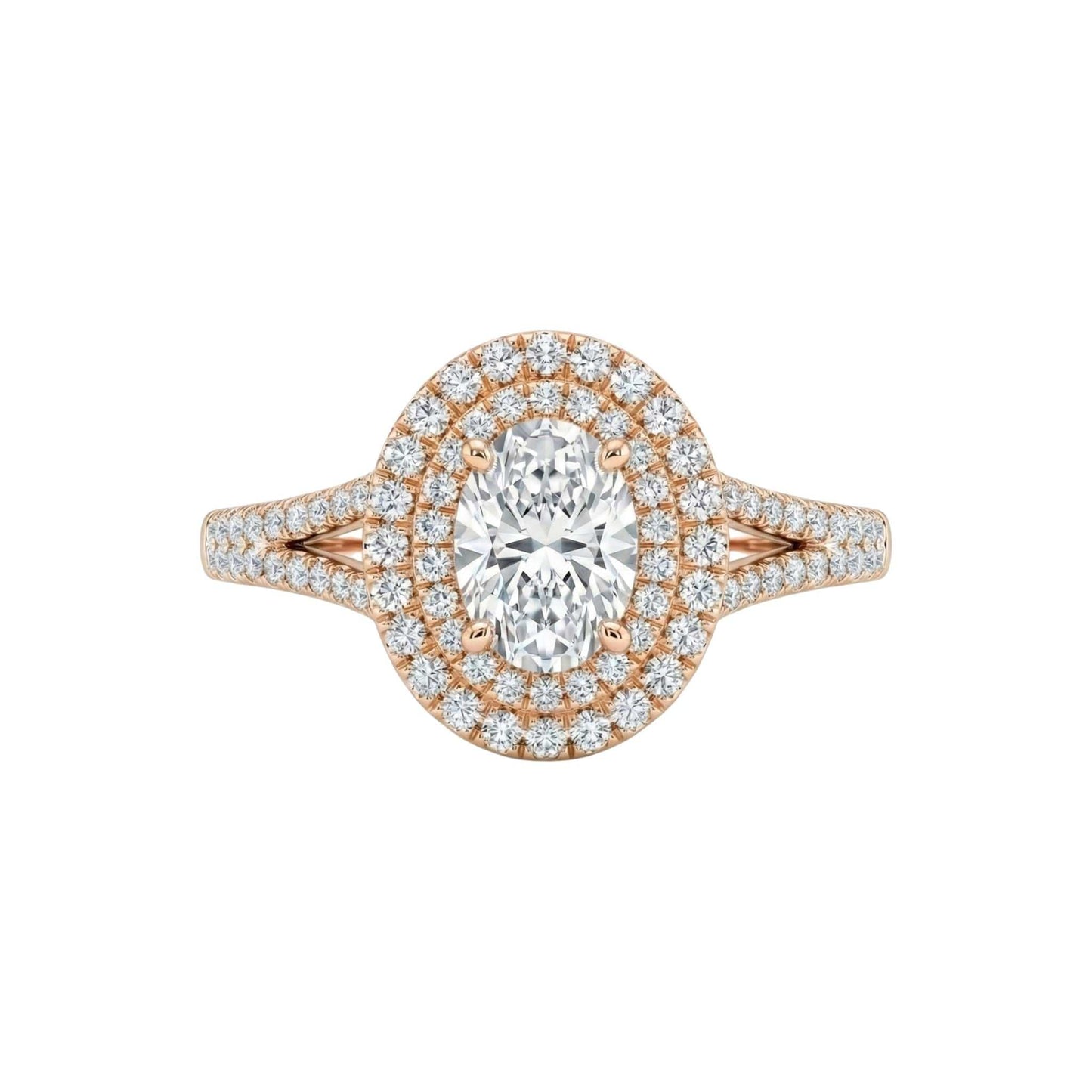Rose gold ring with a large central diamond and smaller diamonds around on a white background