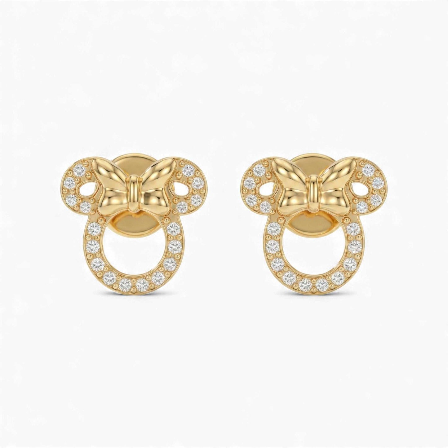 Minnie Mouse lab grown diamond stud earrings in 18K gold with sparkling crystals and bow design