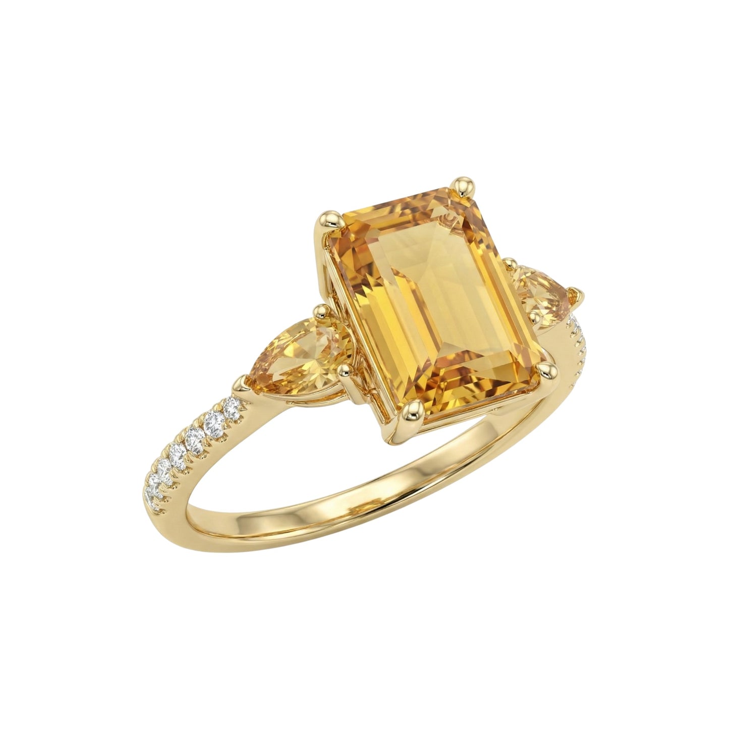 Gold ring with a large yellow gemstone on a white background